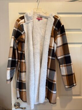 Plush-Lined Hooded Coat - Brown Plaid